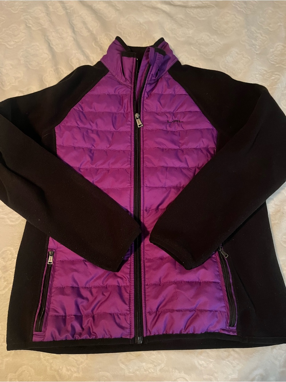 Ralph Lauren vintage Purple Quilted Front Black Sleeve Puffer Jacket